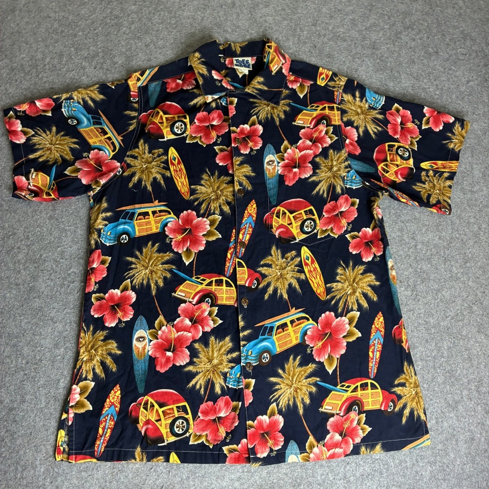 Toes on the Nose Mens XL Tall Hawaiian Shirt Woody Wagon Surfboard Cotton USA